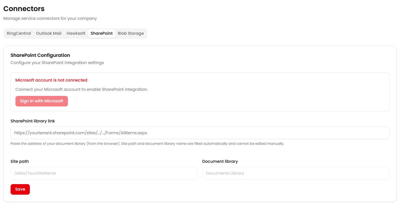 The SharePoint connector — connect and paste your library link